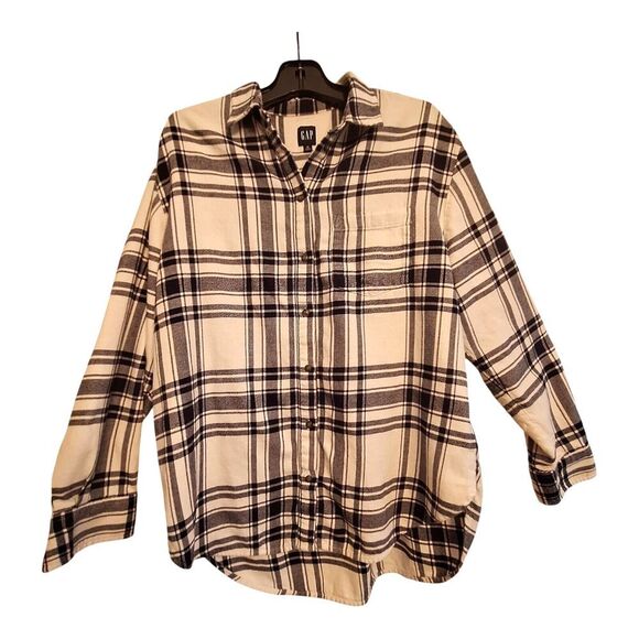 Gap Shirt Cotton Flannel Plaid Navy Blue Oversized Button Up Women Medium TALL - Picture 2 of 14